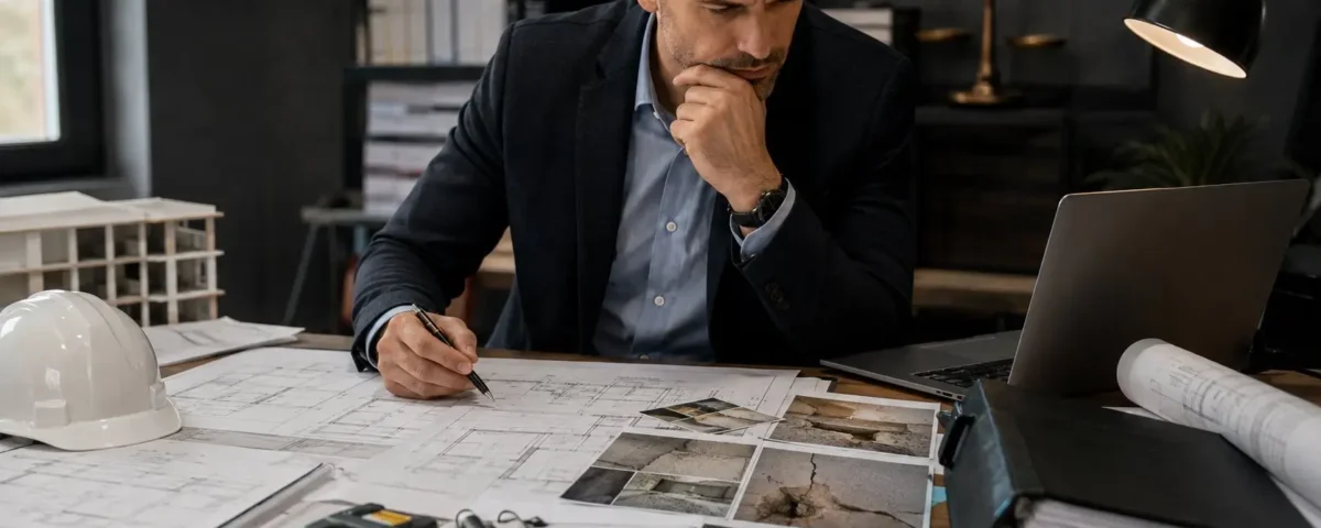 Arquitecto analizando documentación técnica para una pericia de parte