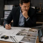 Arquitecto analizando documentación técnica para una pericia de parte