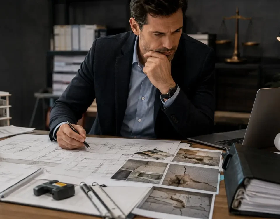 Arquitecto analizando documentación técnica para una pericia de parte