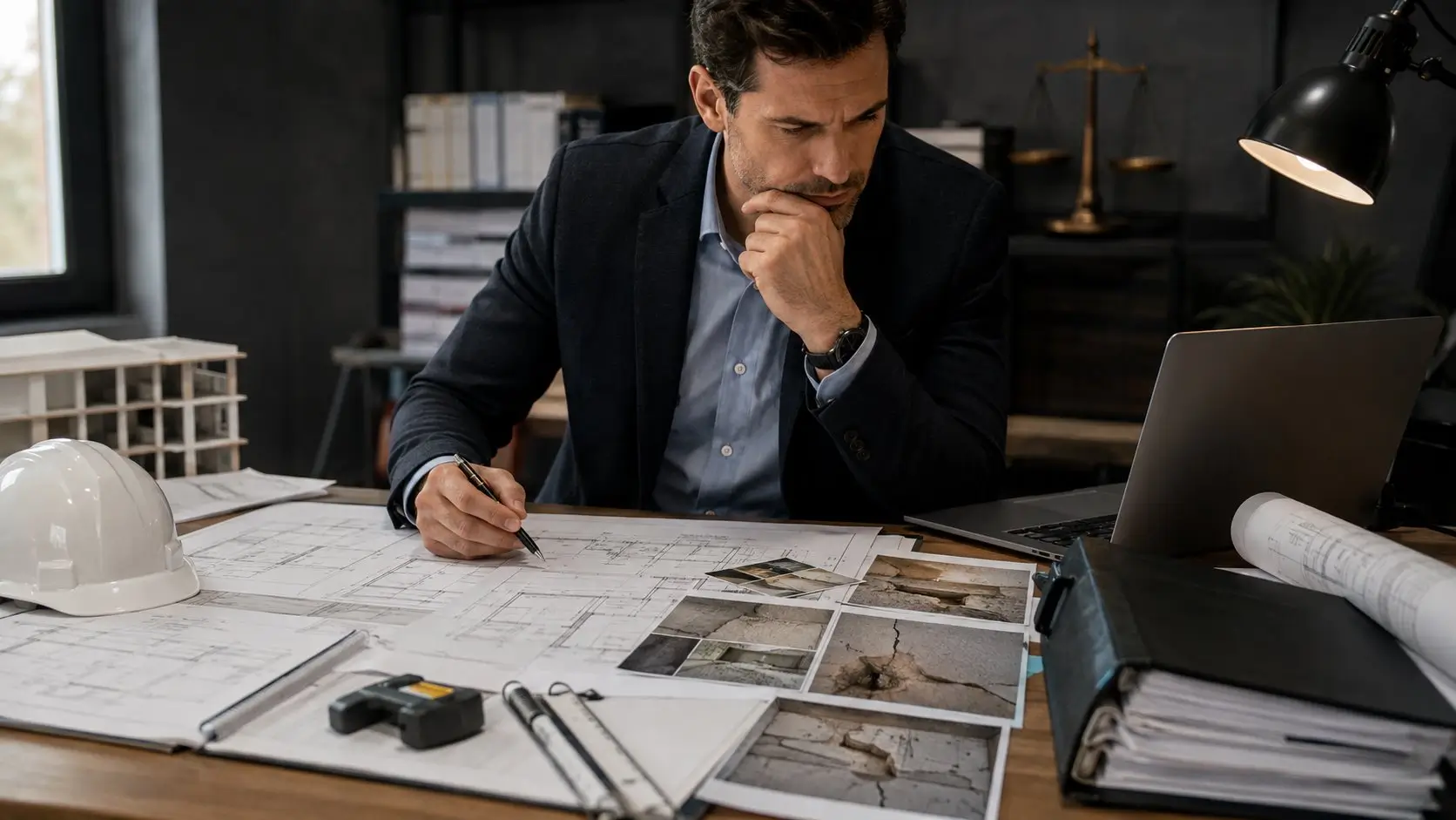 Arquitecto analizando documentación técnica para una pericia de parte