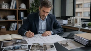 Arquitecto analizando documentación técnica para una pericia de parte