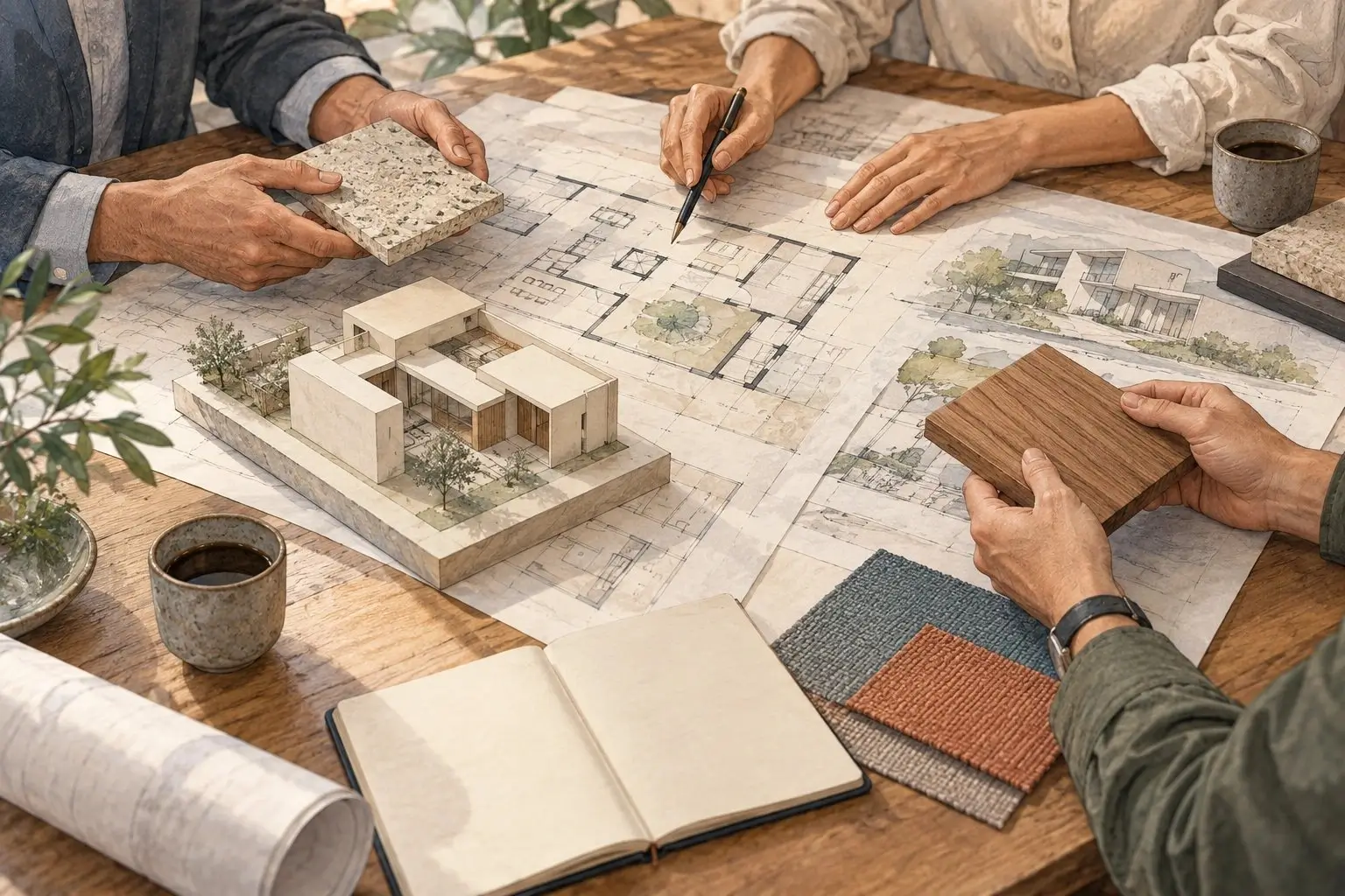 Profesionales revisando planos y materiales para reconstruir las intervenciones de una obra.