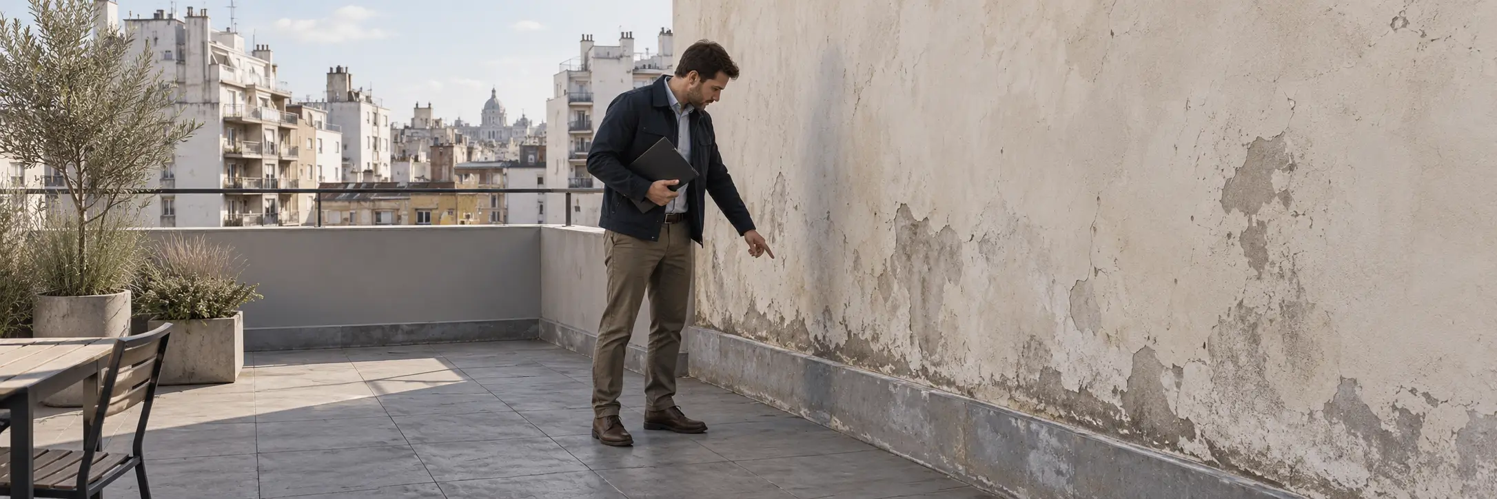 Ilustración de una inspección de un muro exterior desde una terraza lindera.