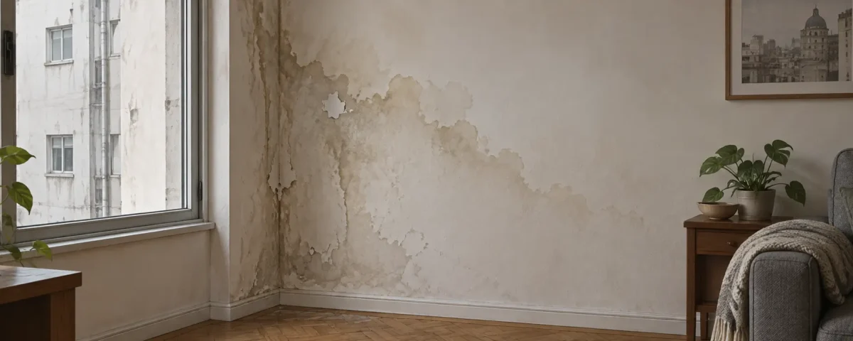 Ilustración de una pared interior con marcas de humedad en una vivienda.