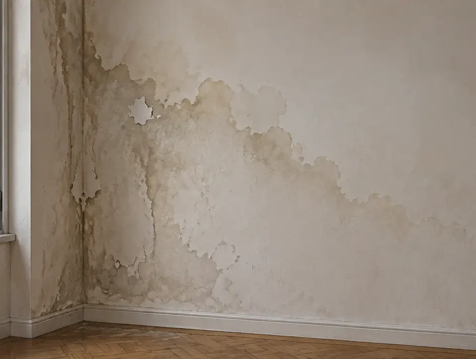 Ilustración de una pared interior con marcas de humedad en una vivienda.