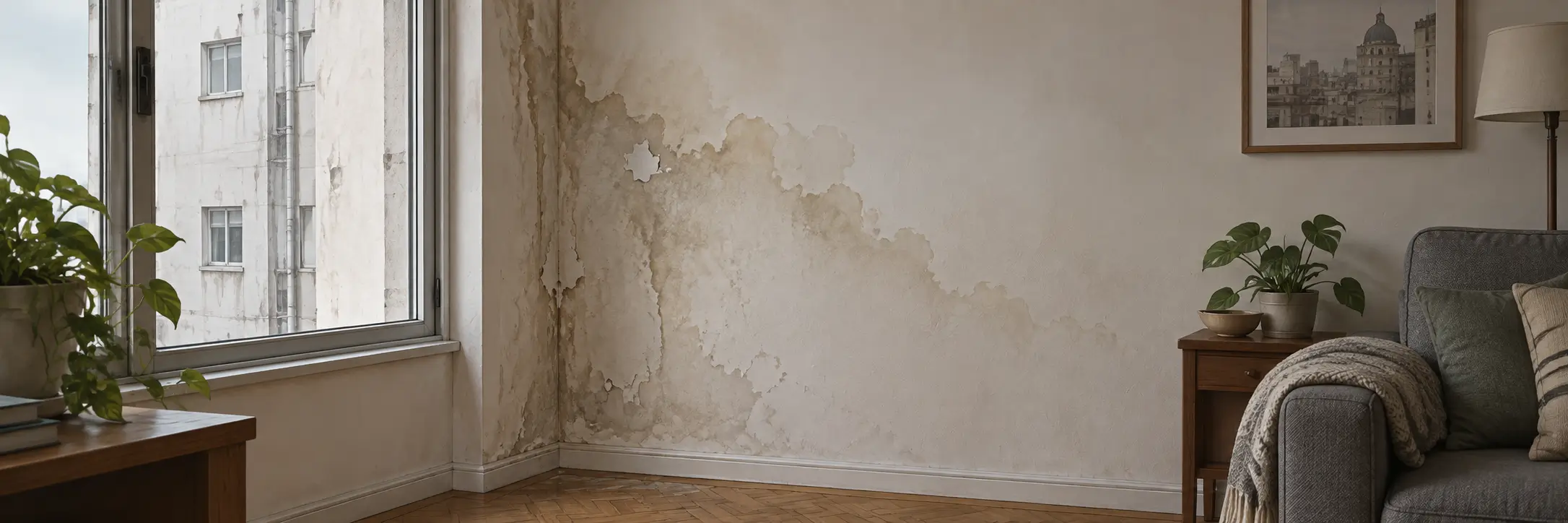 Ilustración de una pared interior con marcas de humedad en una vivienda.