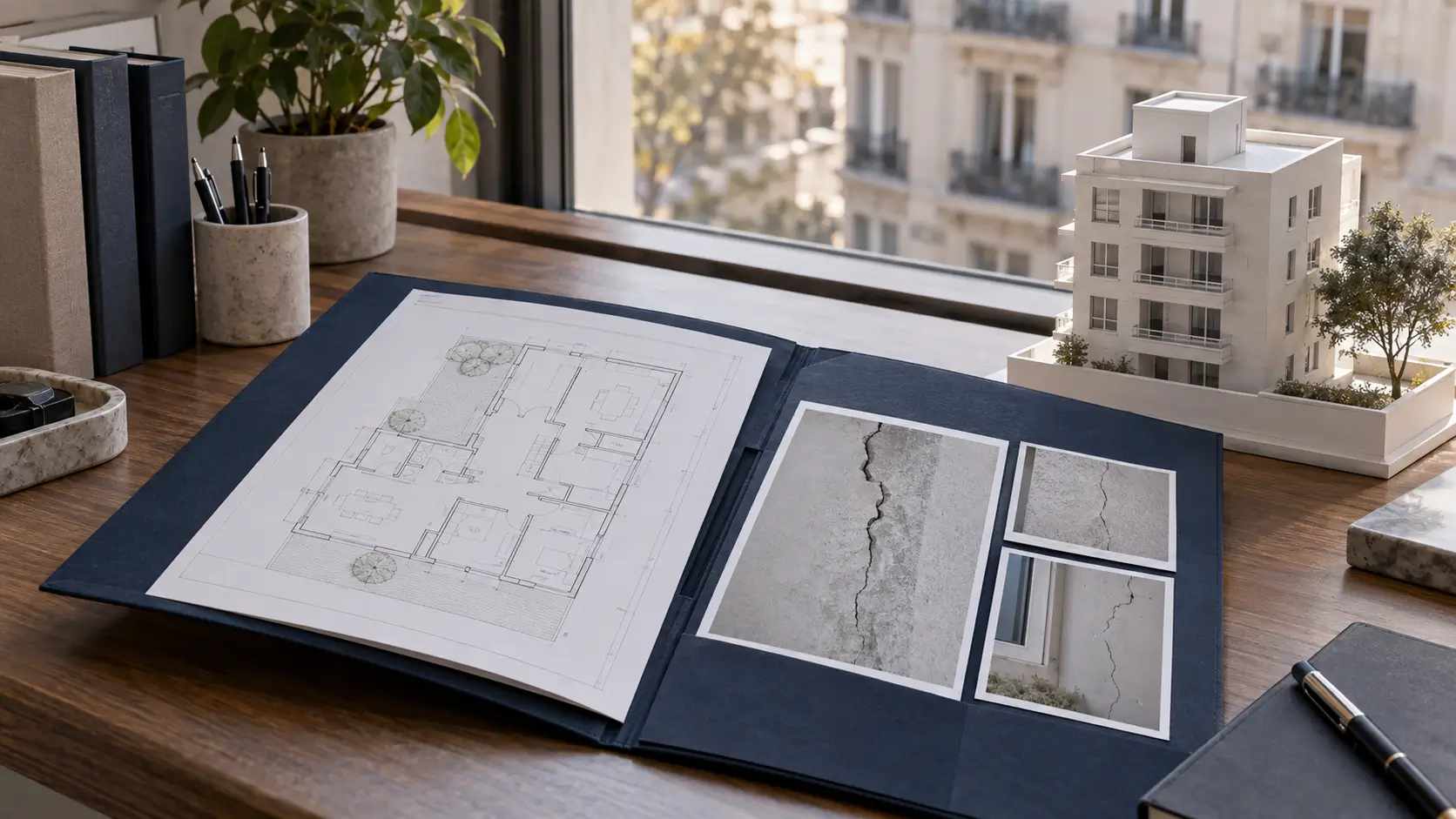 Planos y registro fotográfico utilizados para conservar y analizar evidencia técnica de un reclamo edilicio.