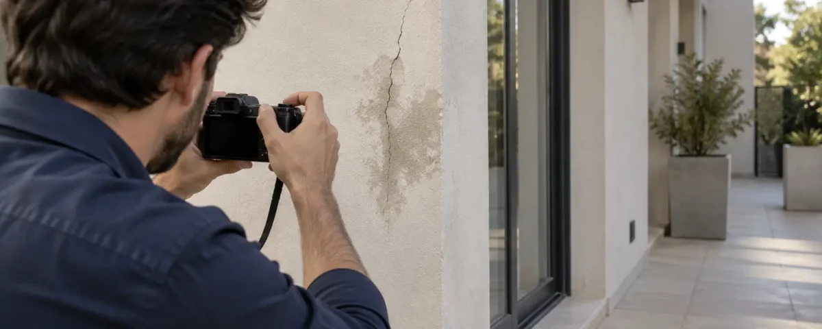 Arquitecto documentando daños edilicios durante una inspección técnica para una pericia anticipada.