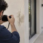 Arquitecto documentando daños edilicios durante una inspección técnica para una pericia anticipada.