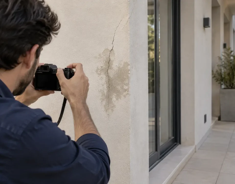 Arquitecto documentando daños edilicios durante una inspección técnica para una pericia anticipada.