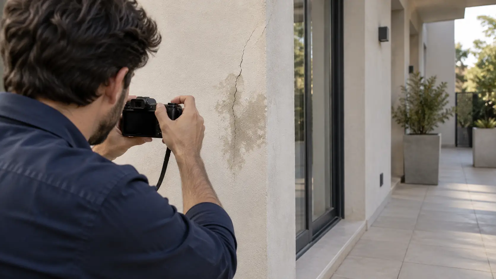 Arquitecto documentando daños edilicios durante una inspección técnica para una pericia anticipada.