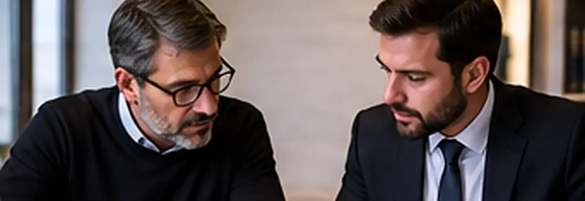 Abogado y arquitecto legista colaboran durante la revisión de documentación técnica de un juicio.