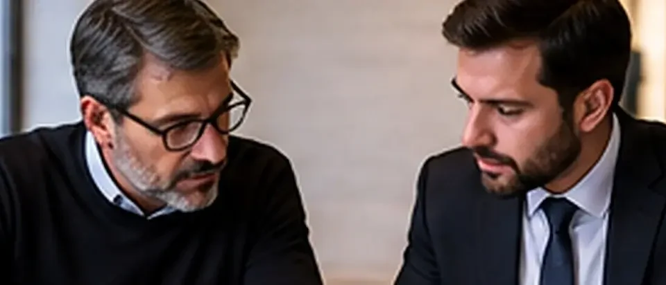 Abogado y arquitecto legista colaboran durante la revisión de documentación técnica de un juicio.