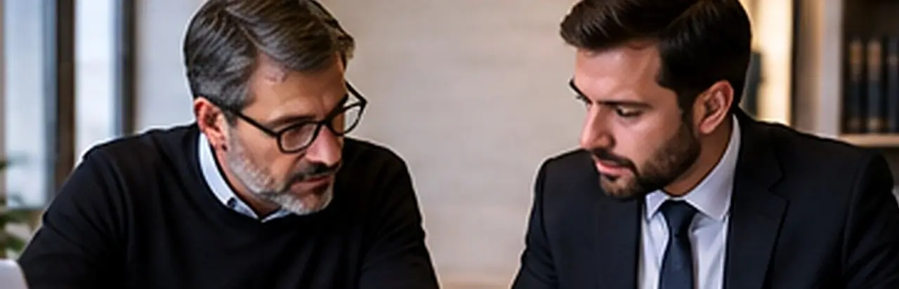 Abogado y arquitecto legista colaboran durante la revisión de documentación técnica de un juicio.