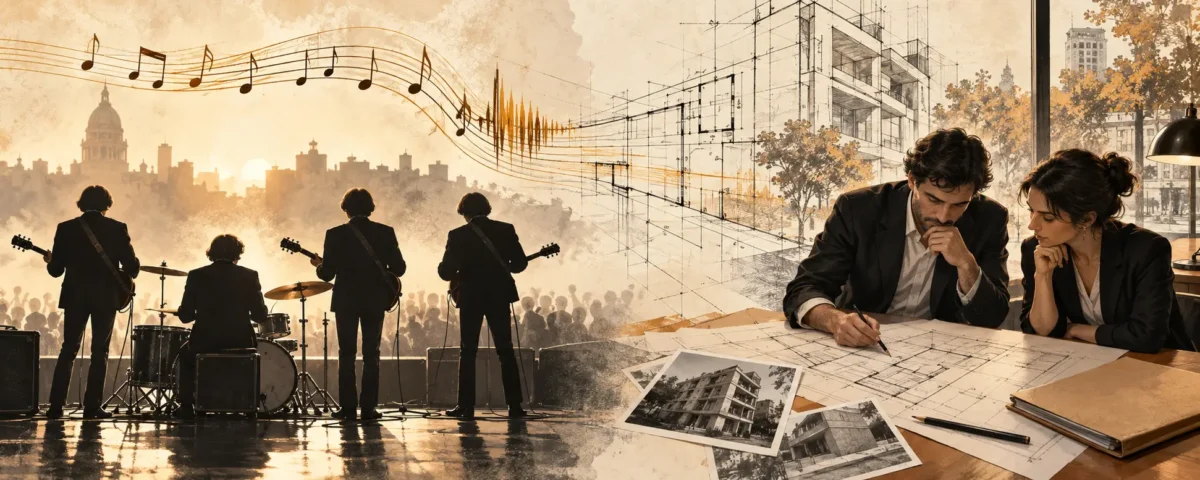 Cuatro músicos y profesionales de arquitectura y derecho unidos por música y planos.