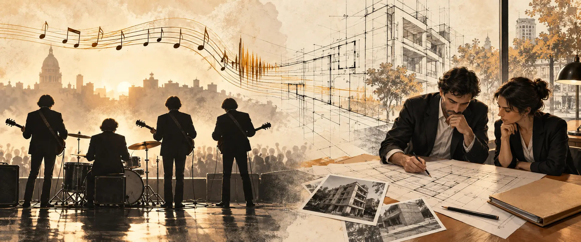 Cuatro músicos y profesionales de arquitectura y derecho unidos por música y planos.