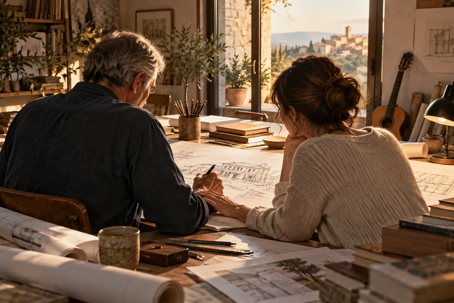 Una persona acompaña a un arquitecto que trabaja sobre planos.